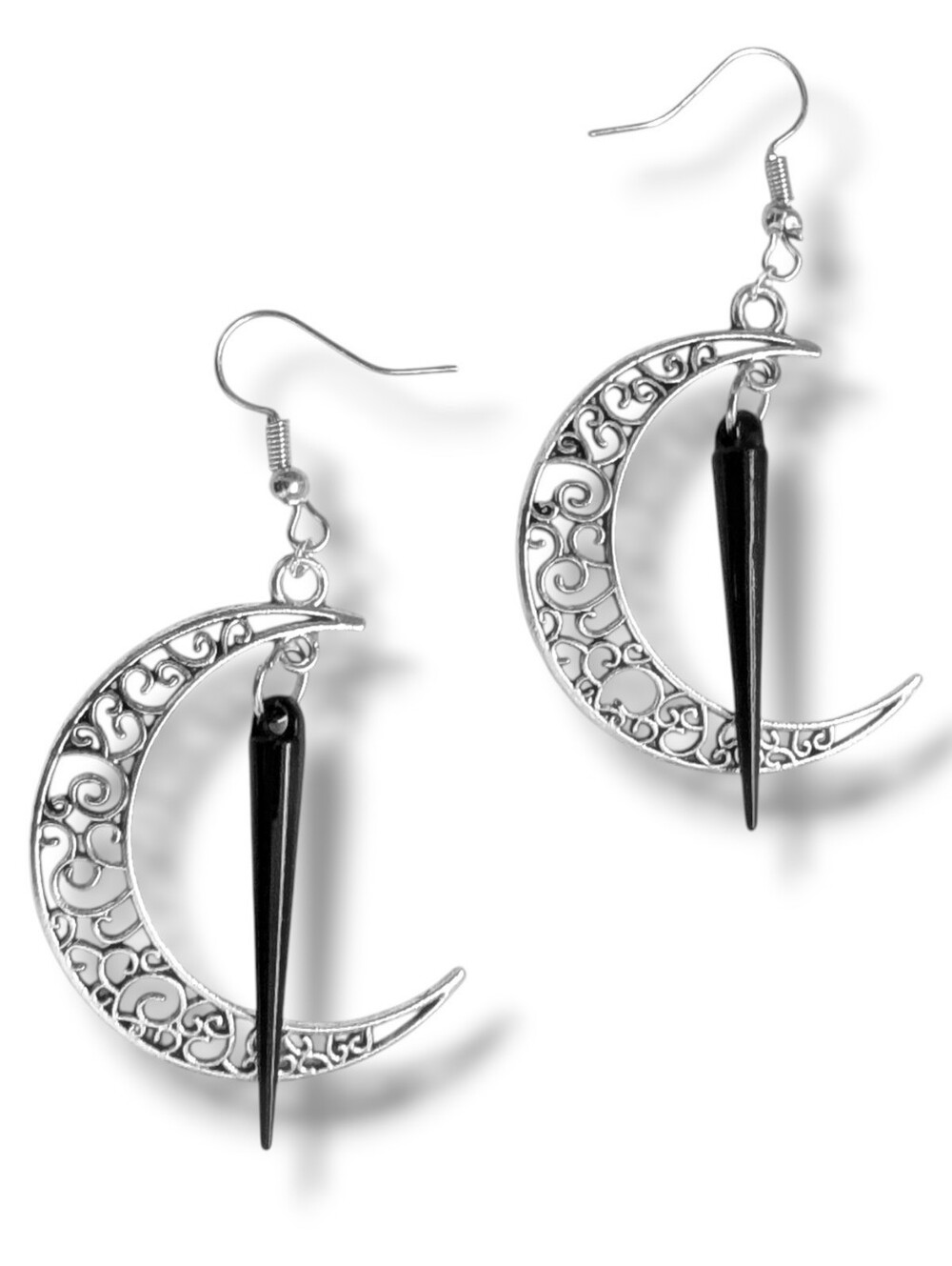 NWT Handmade Silver Filigree Crescent Moon and Black Spike Earrings